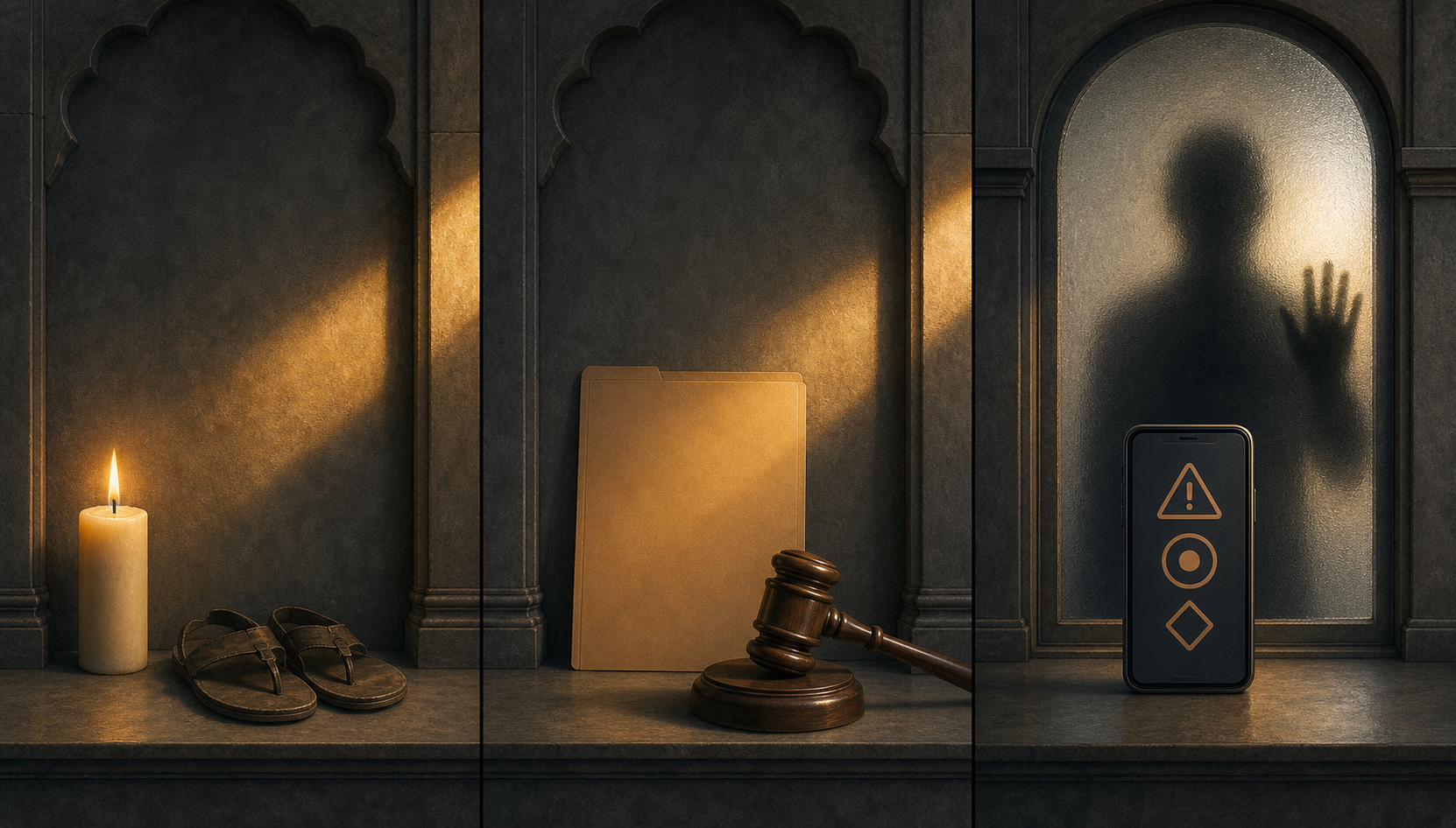 Editorial triptych showing a memorial candle and sandals, an unmarked legal file with a gavel, and a smartphone beside a threatening silhouette.