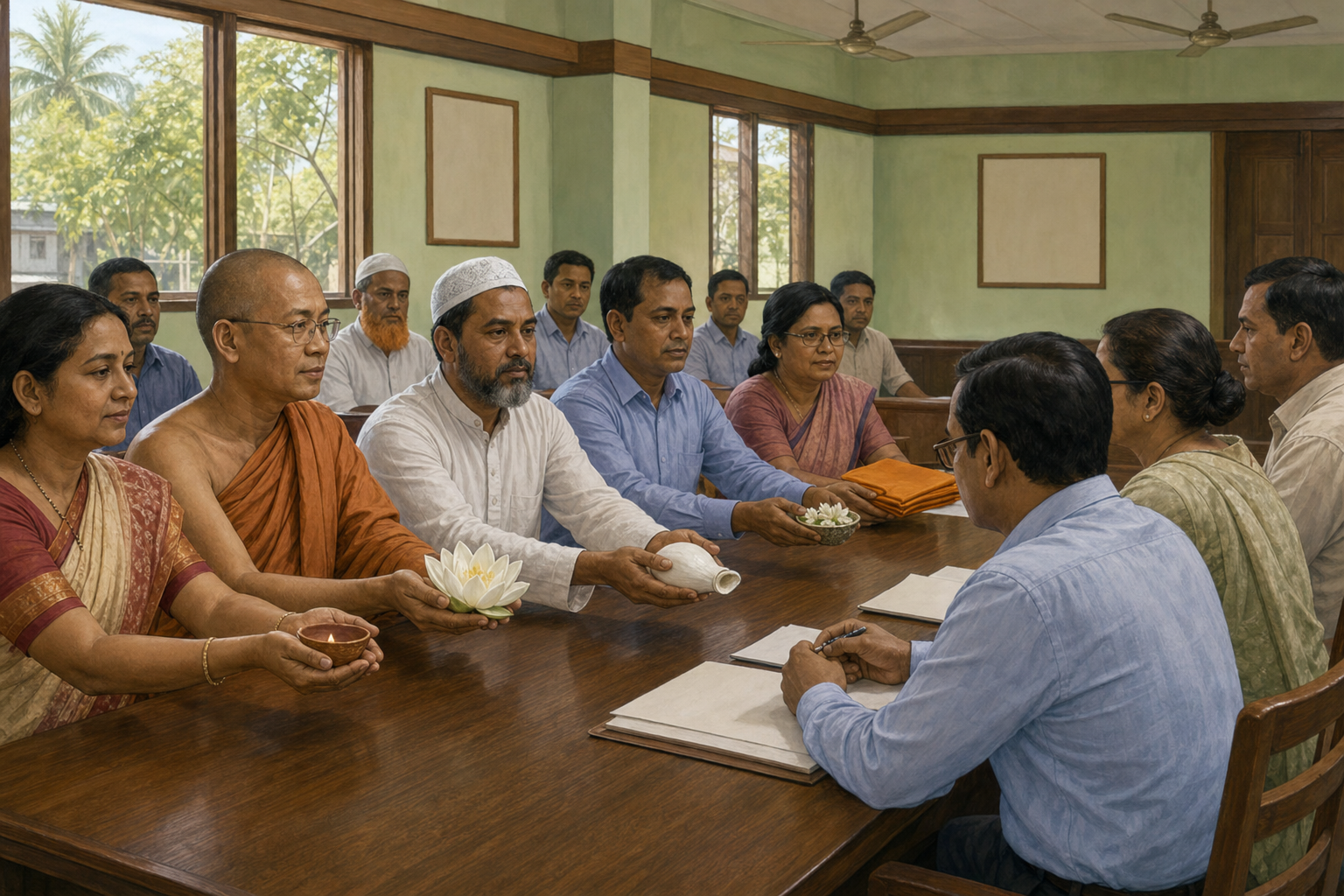 Hindu and Buddhist representatives and their neighbors present symbolic festival objects and blank documents to officials at a civic hearing.