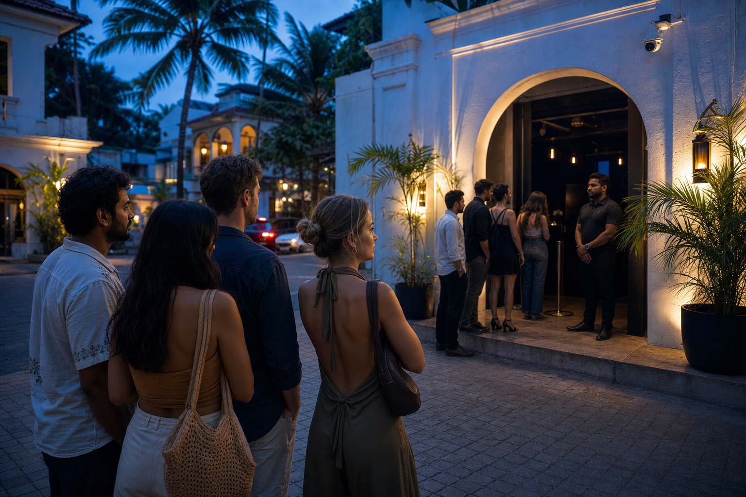 A group of adult friends pauses on a well-lit pavement to assess a Goa nightclub entrance with a door steward and an orderly queue.