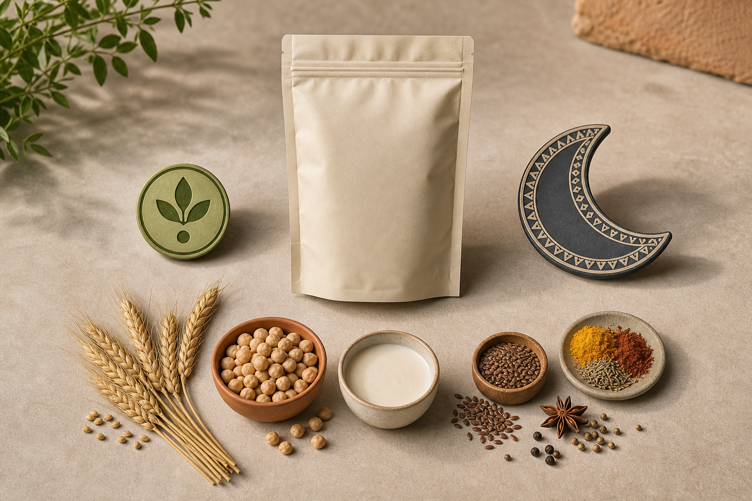 A fictional food pouch is surrounded by a green marker, a crescent-style seal, and separate groups of grains, milk, oil seeds, and spices.