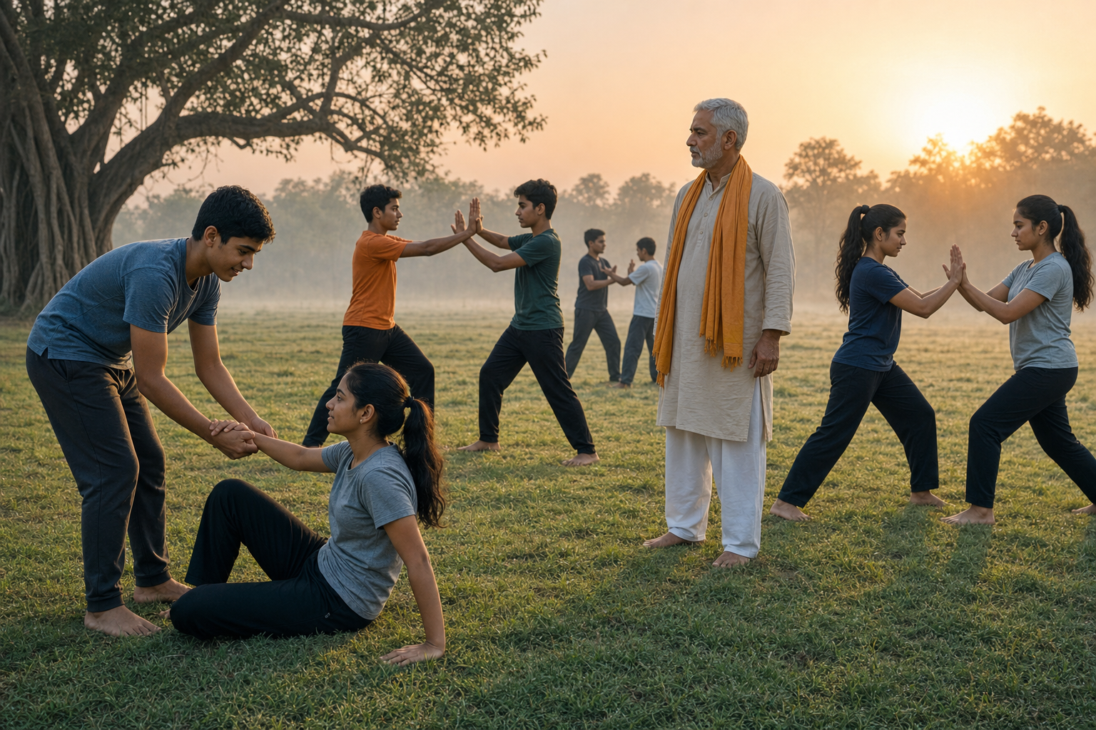 Teenagers practice controlled partner drills outdoors while one student helps another up from the grass.