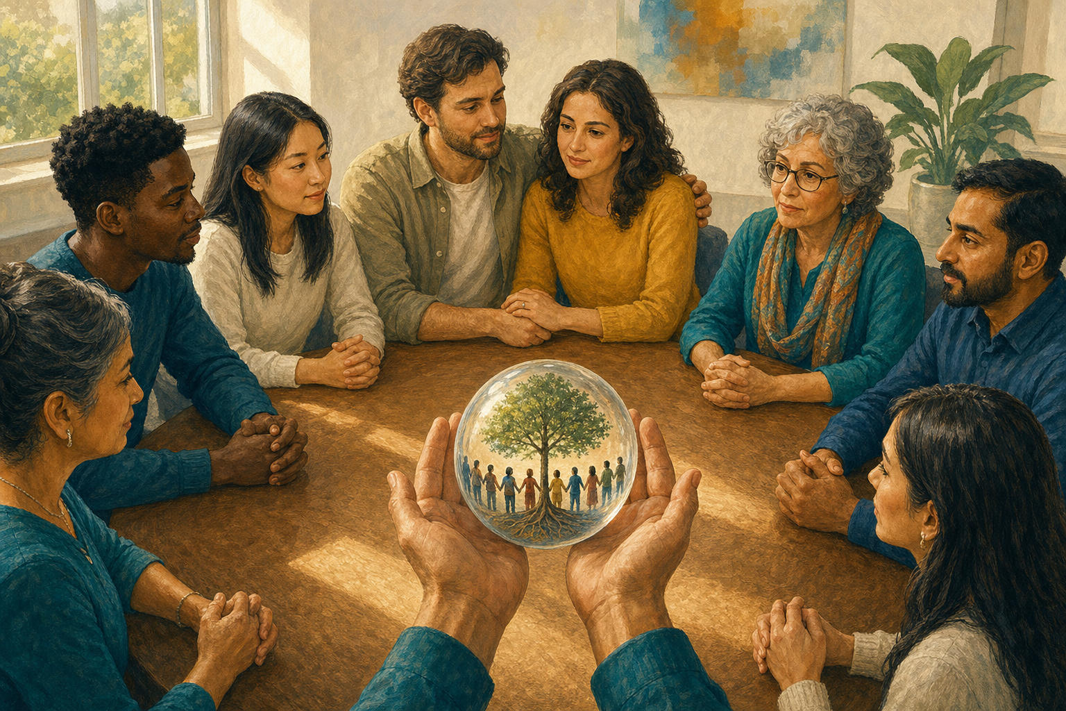 A diverse group sits at a round table while two open hands support a clear glass sphere at the center.