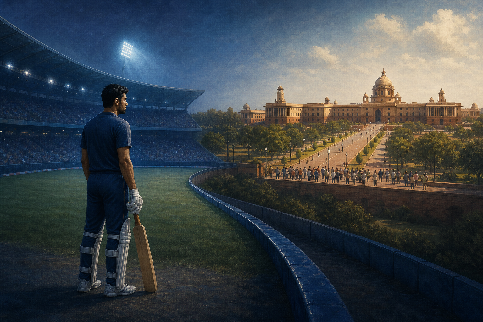 A fictional cricket player stands at a stadium boundary while citizens gather near a separate government complex in the distance.