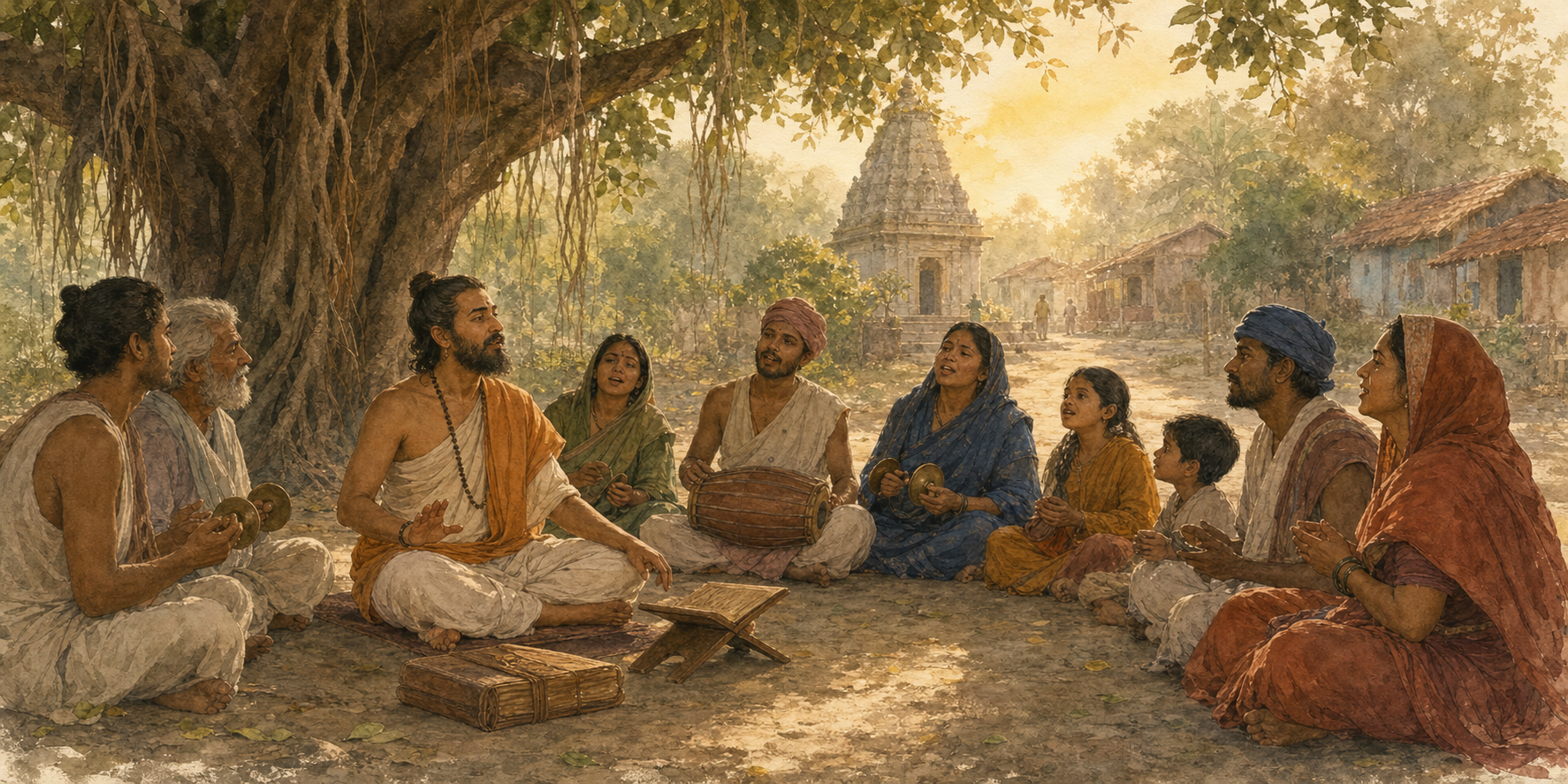A bhakti teacher sits beneath a banyan tree beside a closed palm-leaf manuscript while villagers sing with cymbals and a drum.