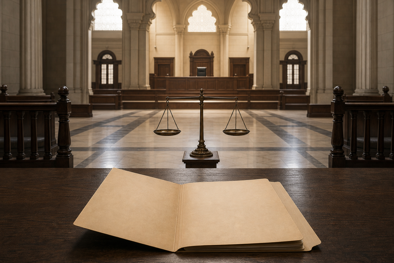 An unmarked case folder sits at the start of a pathway leading past balanced scales toward an empty courtroom bench.