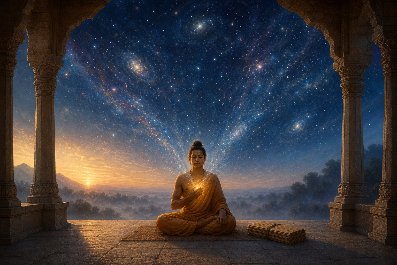 A seated Indian seeker meditates in a stone pavilion as golden light at the heart opens into a vast star-filled sky, with a closed palm-leaf bundle nearby.
