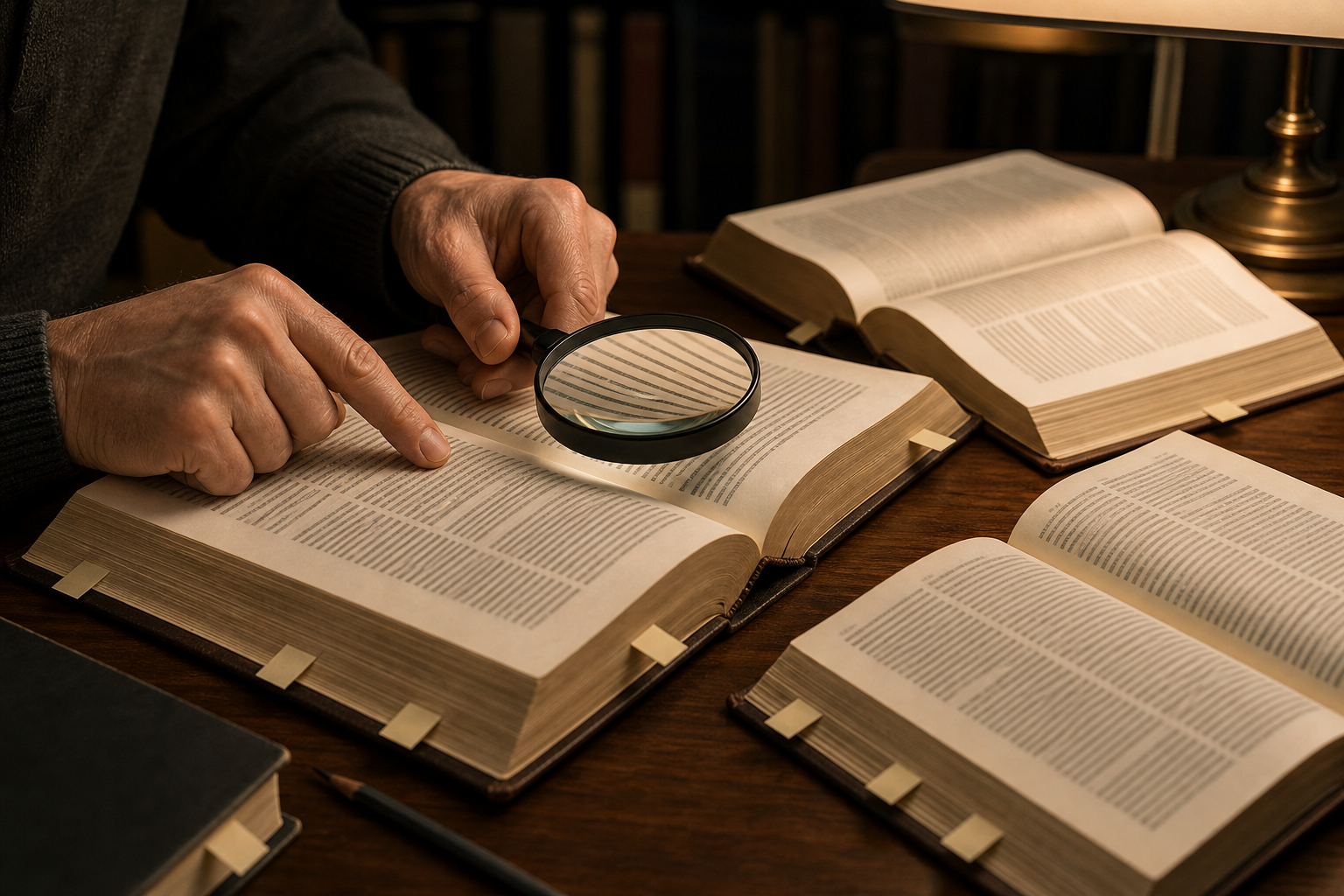 A researcher's hands compare unmarked open books while a magnifying glass focuses on one passage.