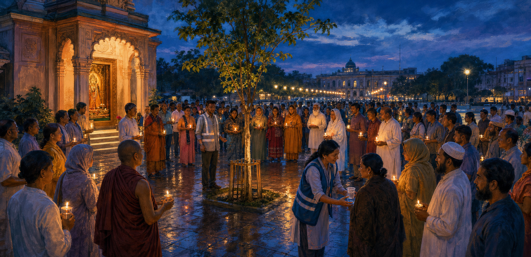 A diverse group holds an orderly candlelight vigil near a temple doorway and young tree in a rain-washed public square.