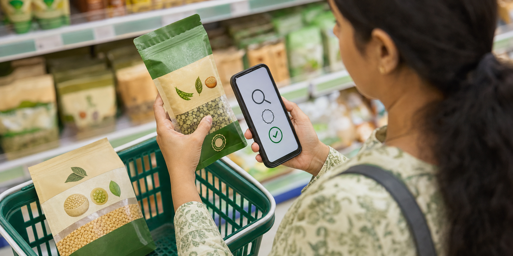 A grocery shopper compares a fictional food packet with simple ingredient symbols while checking a nonverbal verification screen on a smartphone.