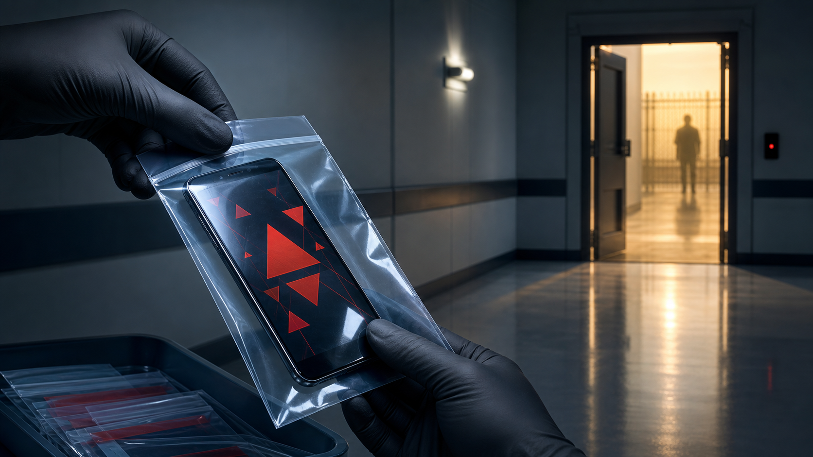 Gloved hands secure a smartphone showing abstract warning symbols while a shadow remains beyond a brightly lit doorway.