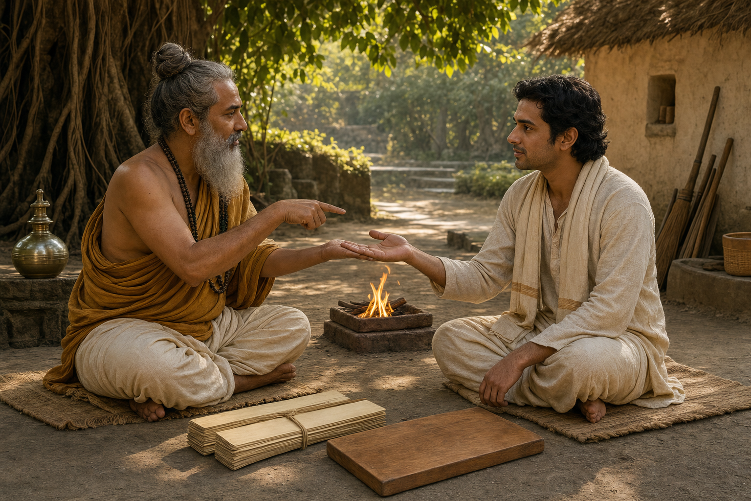 A teacher and student sit beside a small ritual fire in a forest courtyard, with blank palm leaves and simple daily implements arranged nearby.