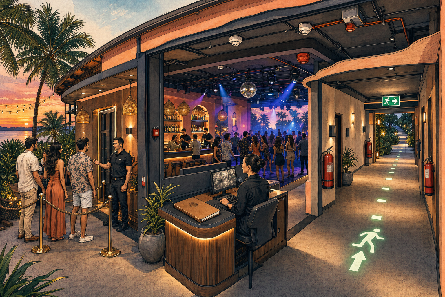 A cutaway illustration of a nightclub showing controlled entry, an official document folder, fire equipment, protected electrical fittings, and a clear evacuation route.
