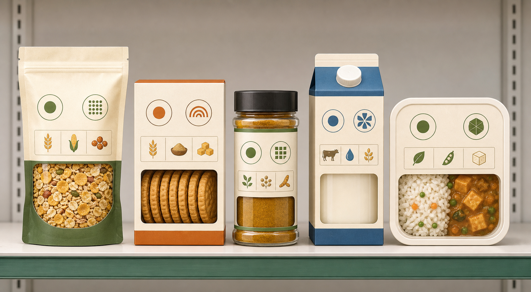 Five fictional food packages on a shelf use consistent panels for origin markers, voluntary seals, ingredient symbols, and transparent food windows.