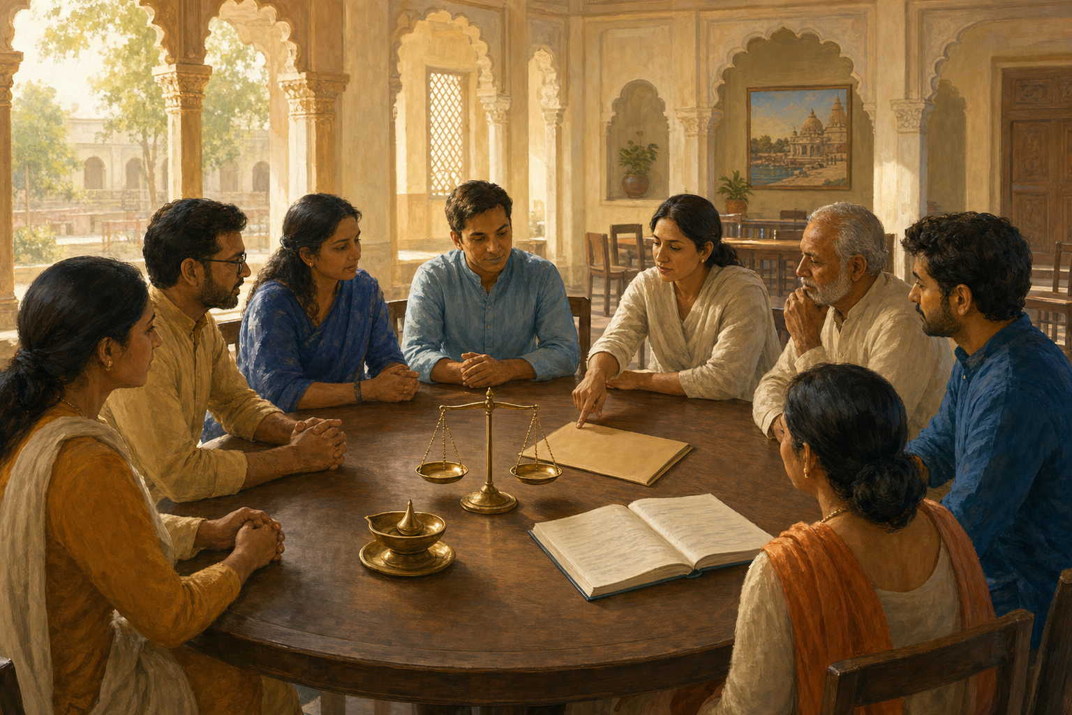 Community volunteers calmly review an unmarked evidence folder around a table with balanced scales and a brass diya.