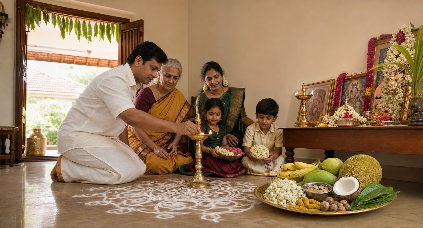 A multigenerational Tamil family gathers near a kolam, brass lamp, flowers, fruits, and other auspicious offerings on Puthandu morning.