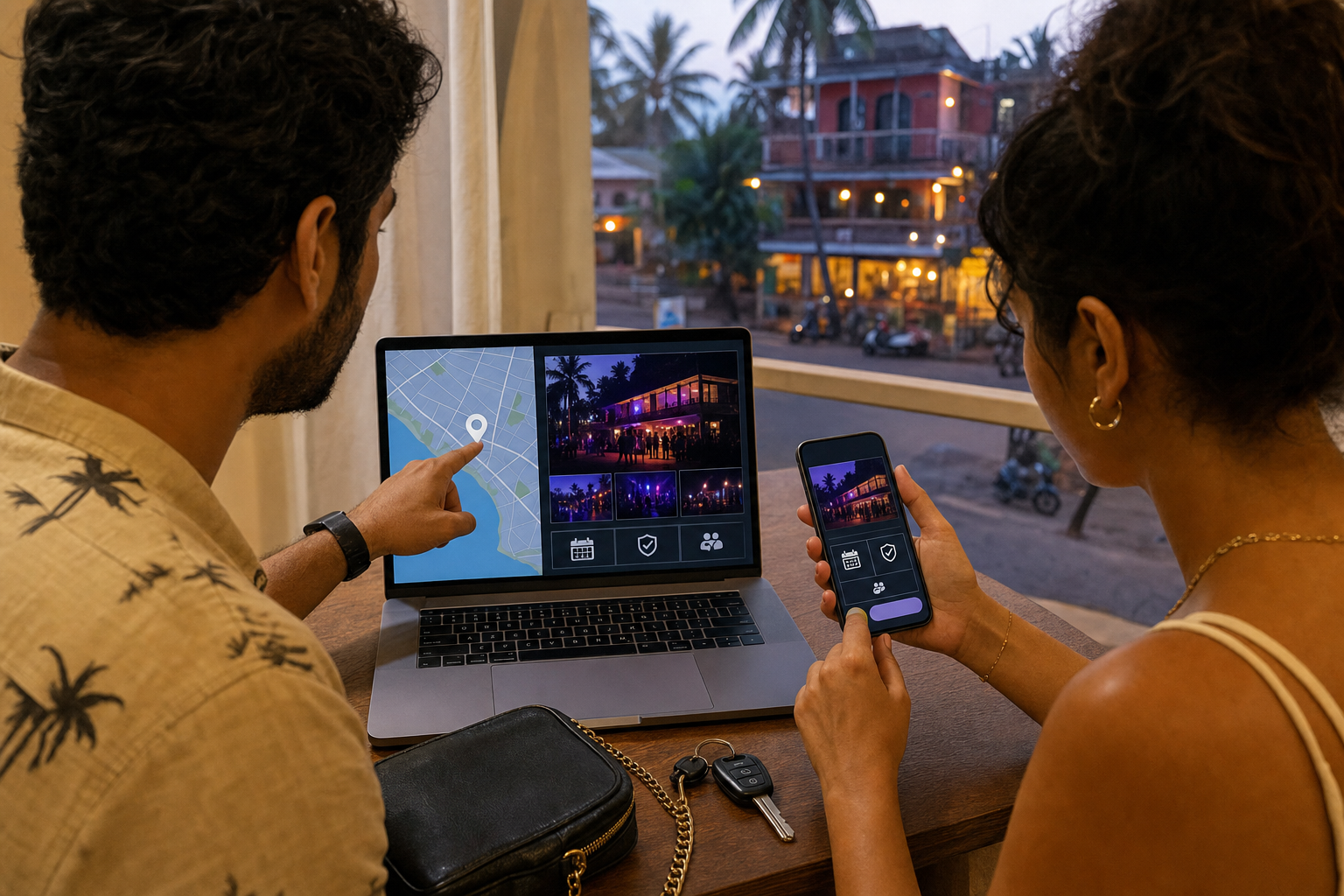 Two adult travelers use a phone and laptop to check a venue location and safety details before going out.
