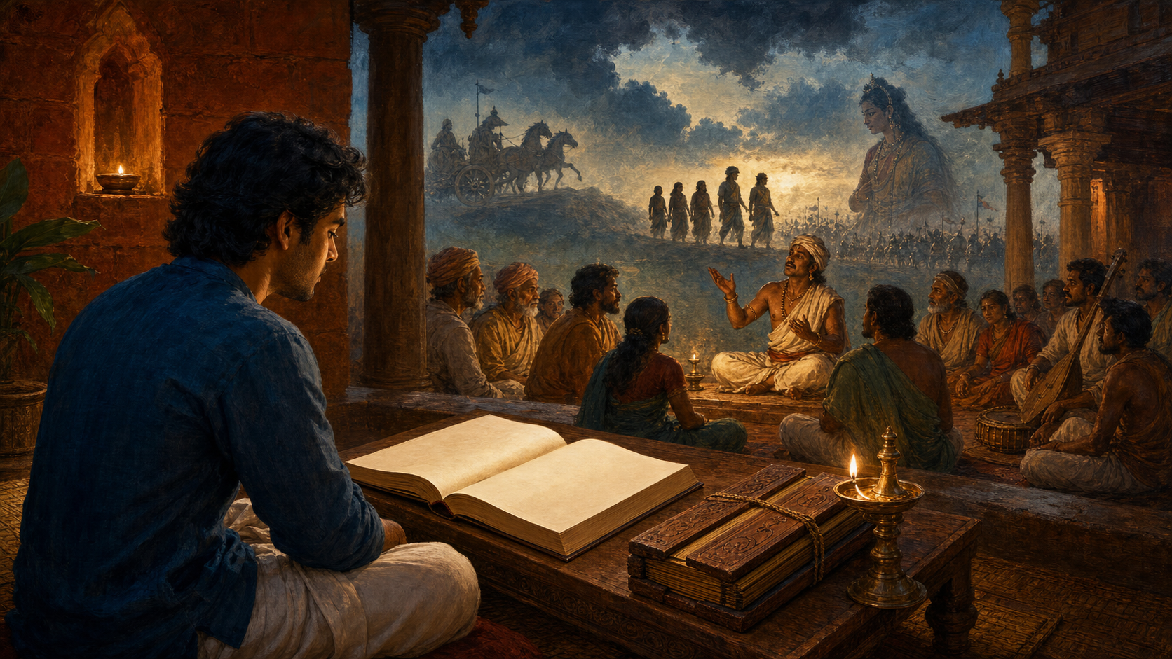 A contemporary reader beside a closed palm-leaf manuscript is visually connected to an imagined medieval Kannada poet reciting before an audience, with Mahabharata figures appearing in the distance.