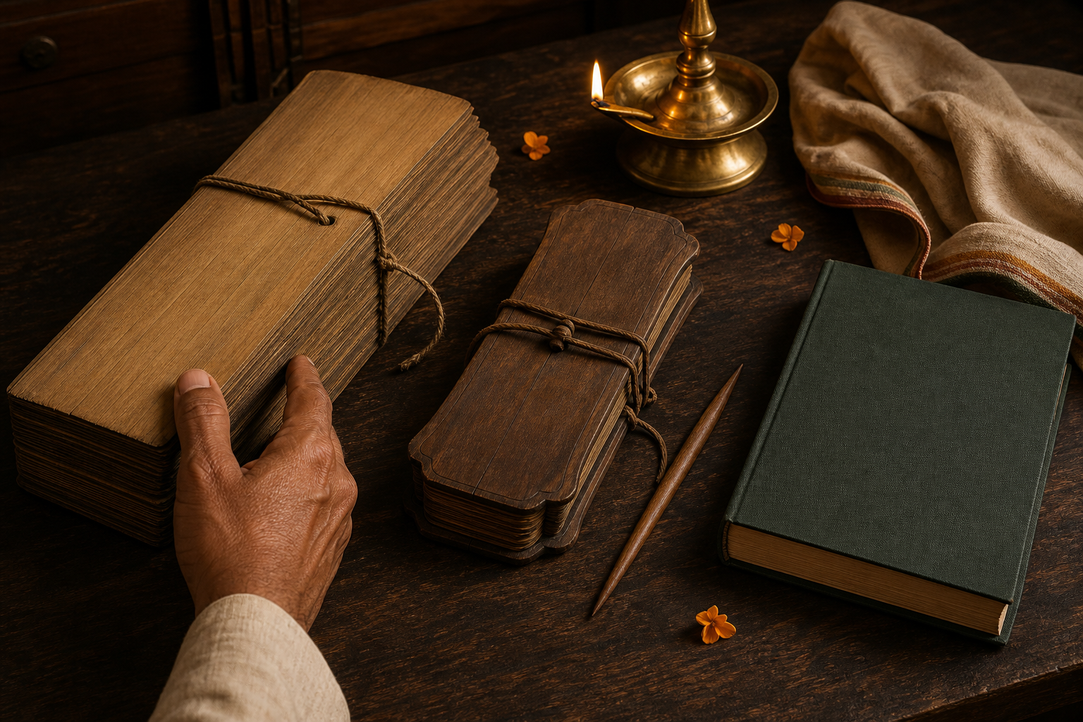 A reader compares a palm-leaf codex, a smaller manuscript bundle, and a plain modern volume on a lamp-lit wooden table.