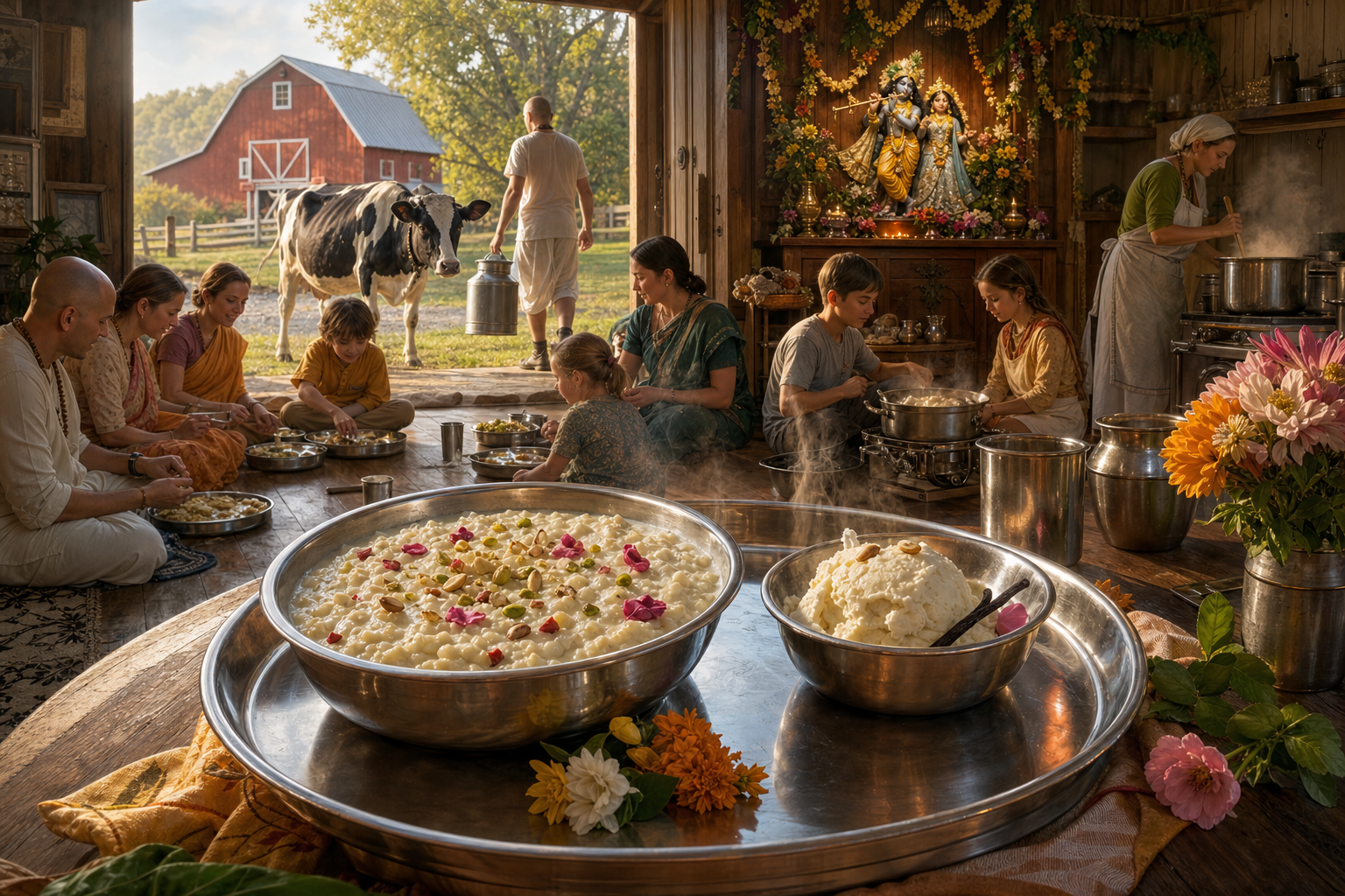 Bowls of sweet rice and ice cream in the foreground, with devotees sharing prasadam, a milk carrier, and a dairy cow near a barn behind them.