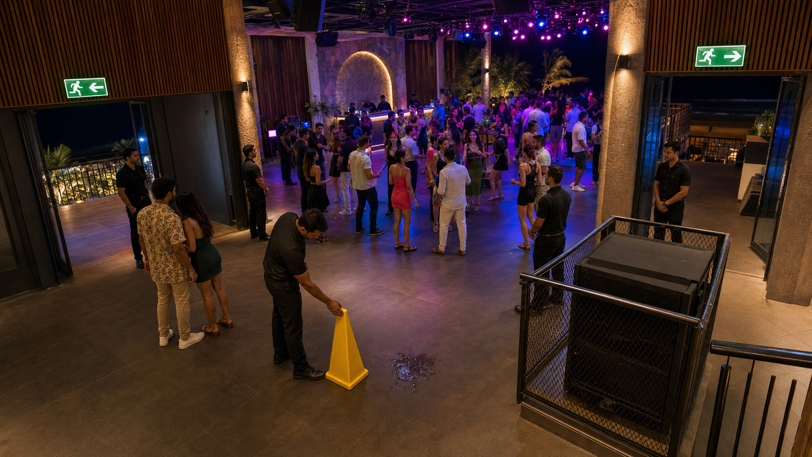 A moderately busy nightclub has attentive staff, clear walking routes, visible emergency exits, protected equipment, and a marked floor spill.