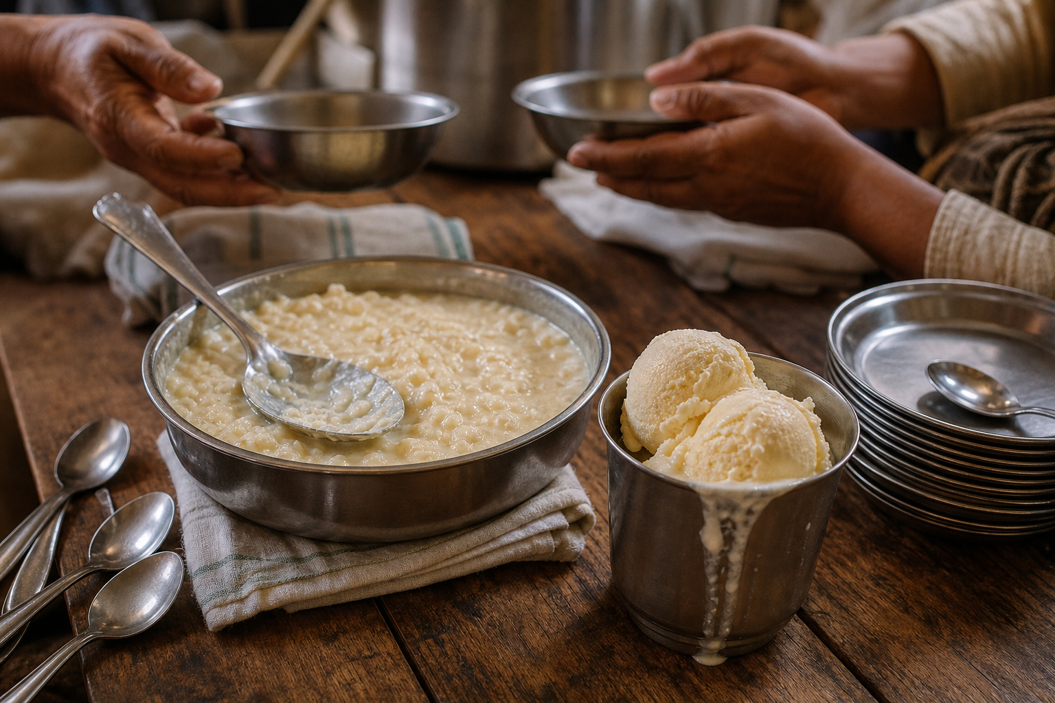 A metal bowl of creamy sweet rice and a cup of melting ice cream on a communal wooden table as several people reach for servings.