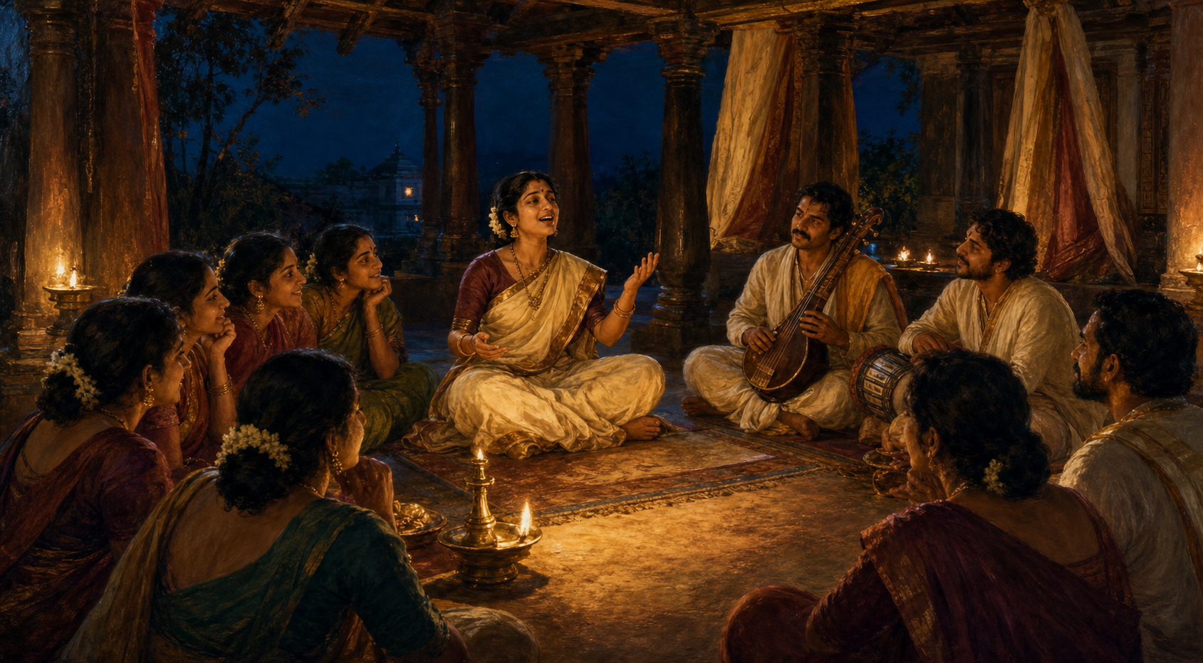 A Kannada poet-reciter marks the cadence of a performance while musicians and listeners gather in a lamp-lit pillared hall.