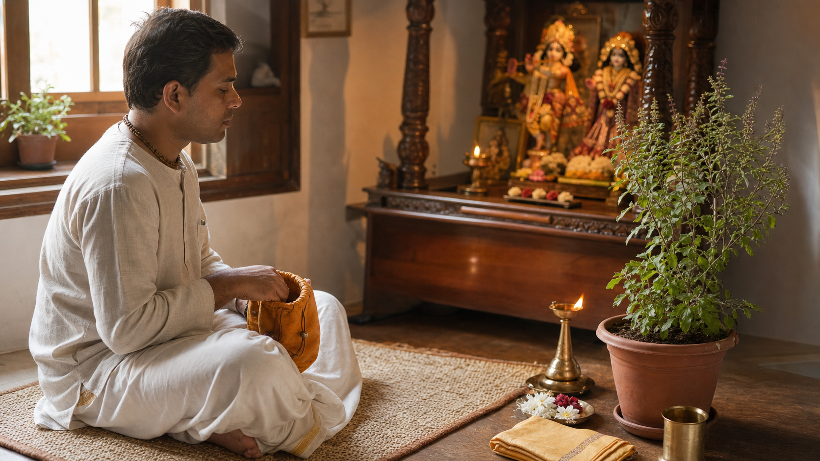 A devotee chants with prayer beads beside a potted Tulasi plant and a small Krishna altar in a sunlit home prayer room.