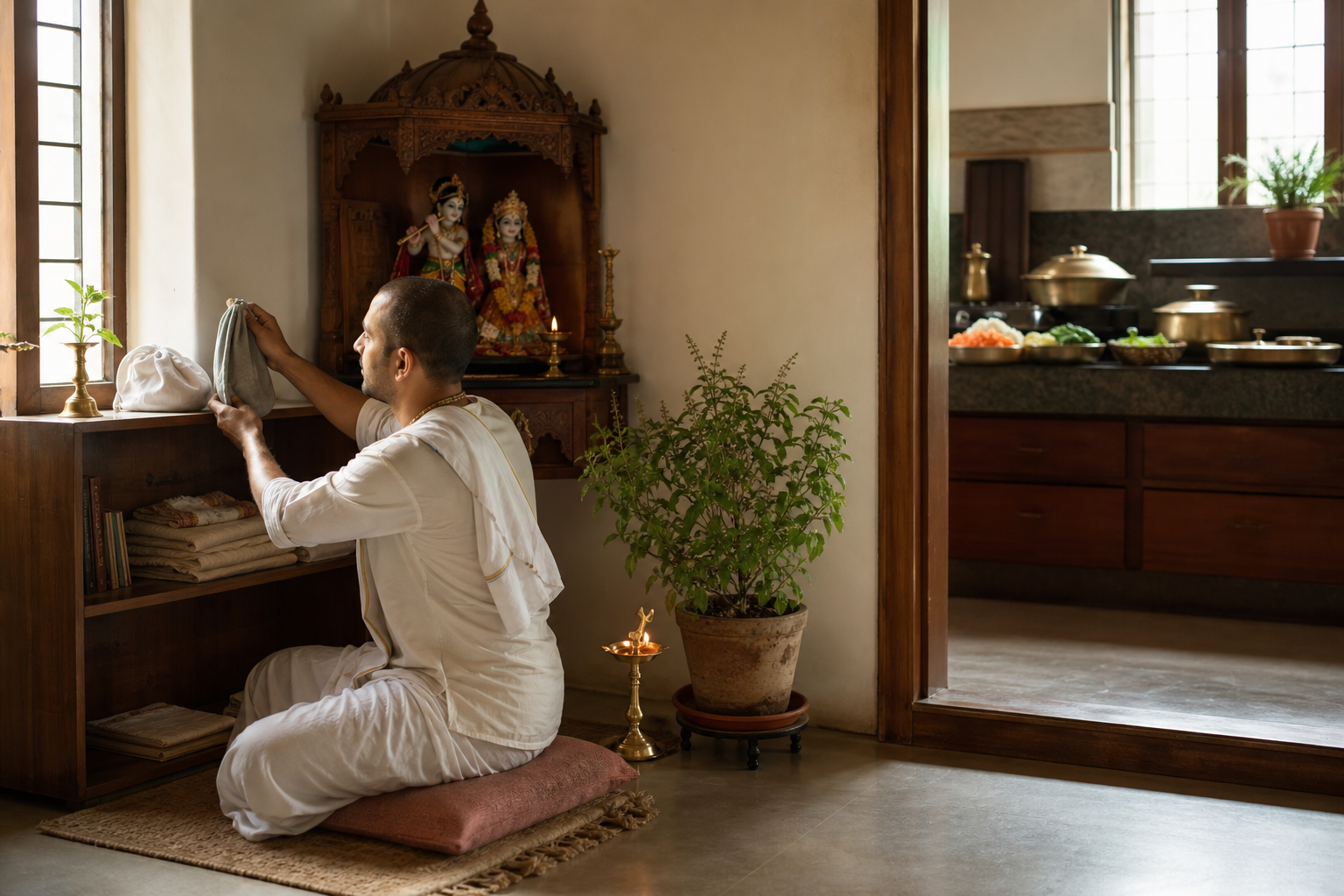 A devotee puts away a prayer bead bag in a shrine room while food and serving vessels are prepared in the adjoining kitchen.