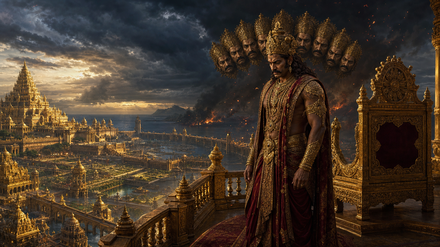 Ravana stands isolated above the golden city of Lanka as storm clouds and fires gather around the prosperous capital.