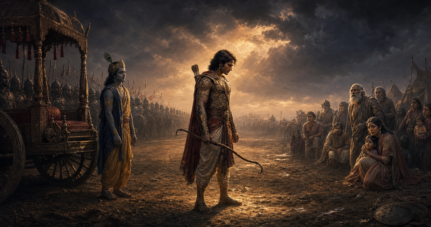 A warrior lowers his bow beside a chariot and pauses between opposing soldiers and vulnerable members of his own community at twilight.