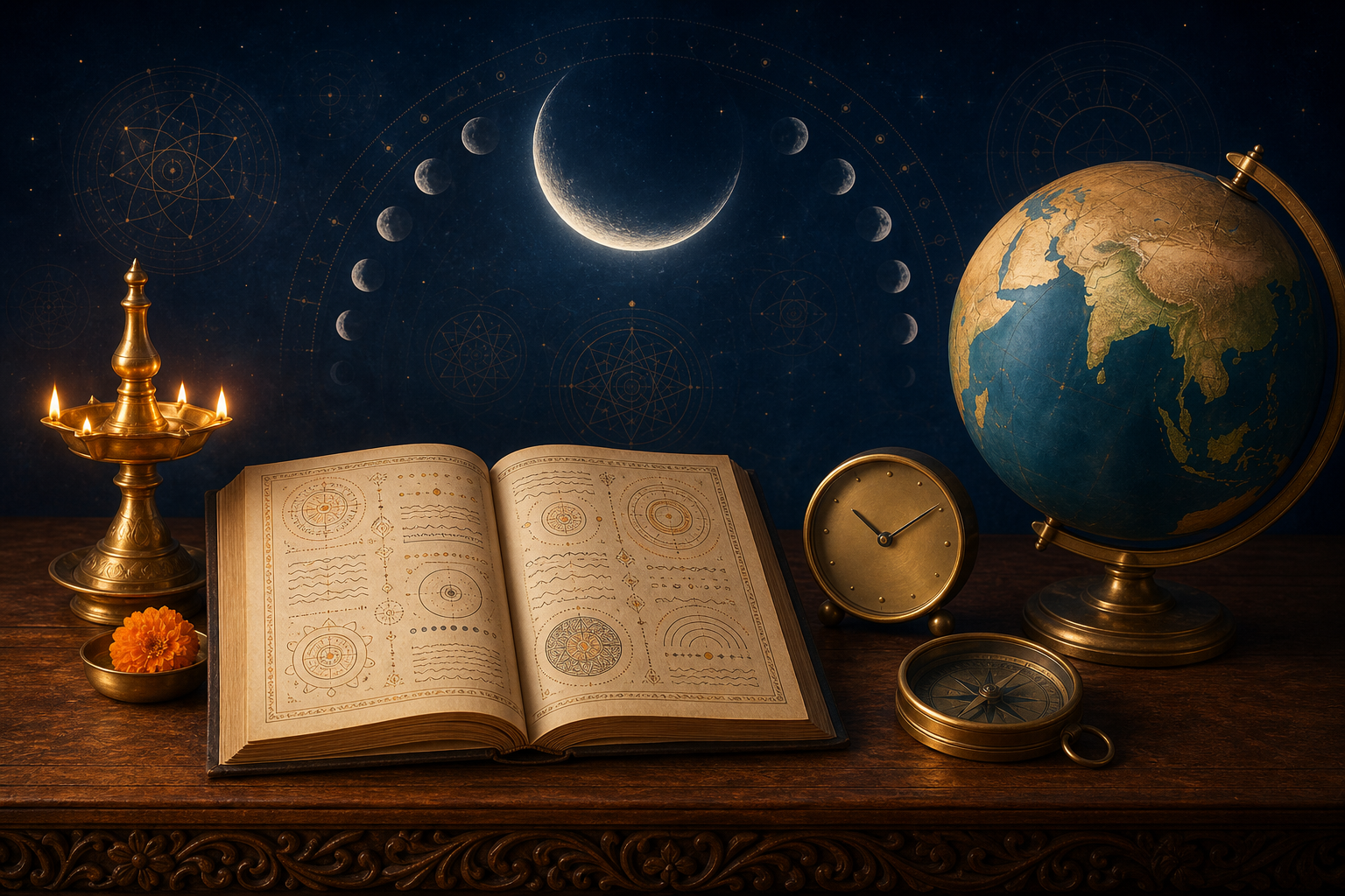 An open lunar almanac, brass lamp, unmarked clock, compass, and globe beneath a crescent Moon and a row of lunar phases.