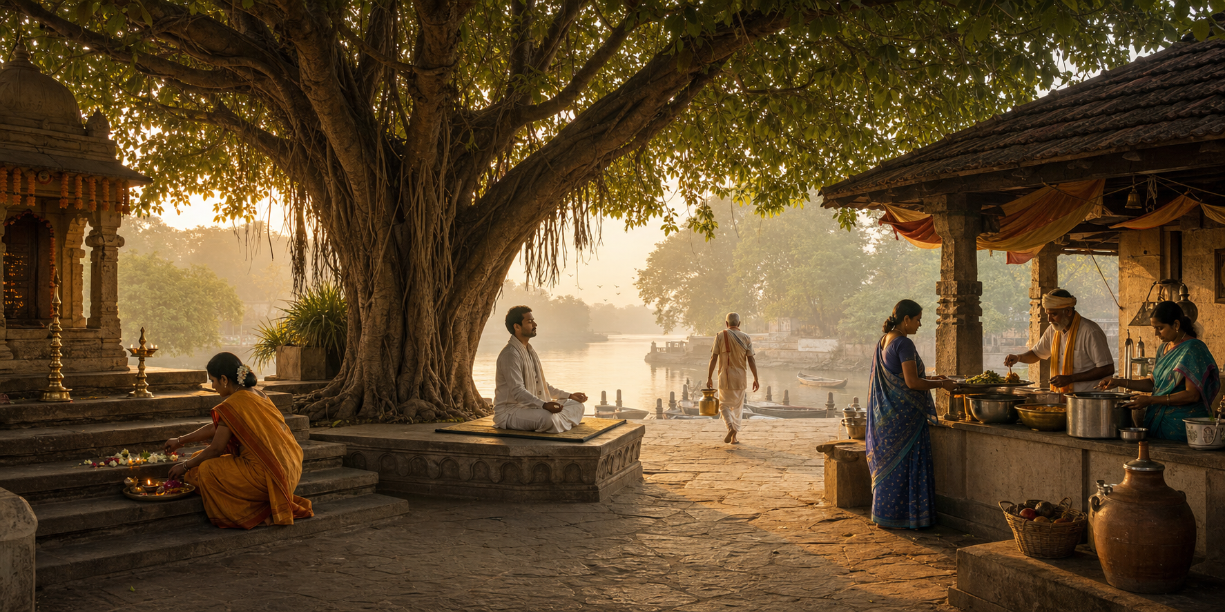 People worship, meditate, carry water, and serve food in distinct areas beneath a large banyan tree at dawn.