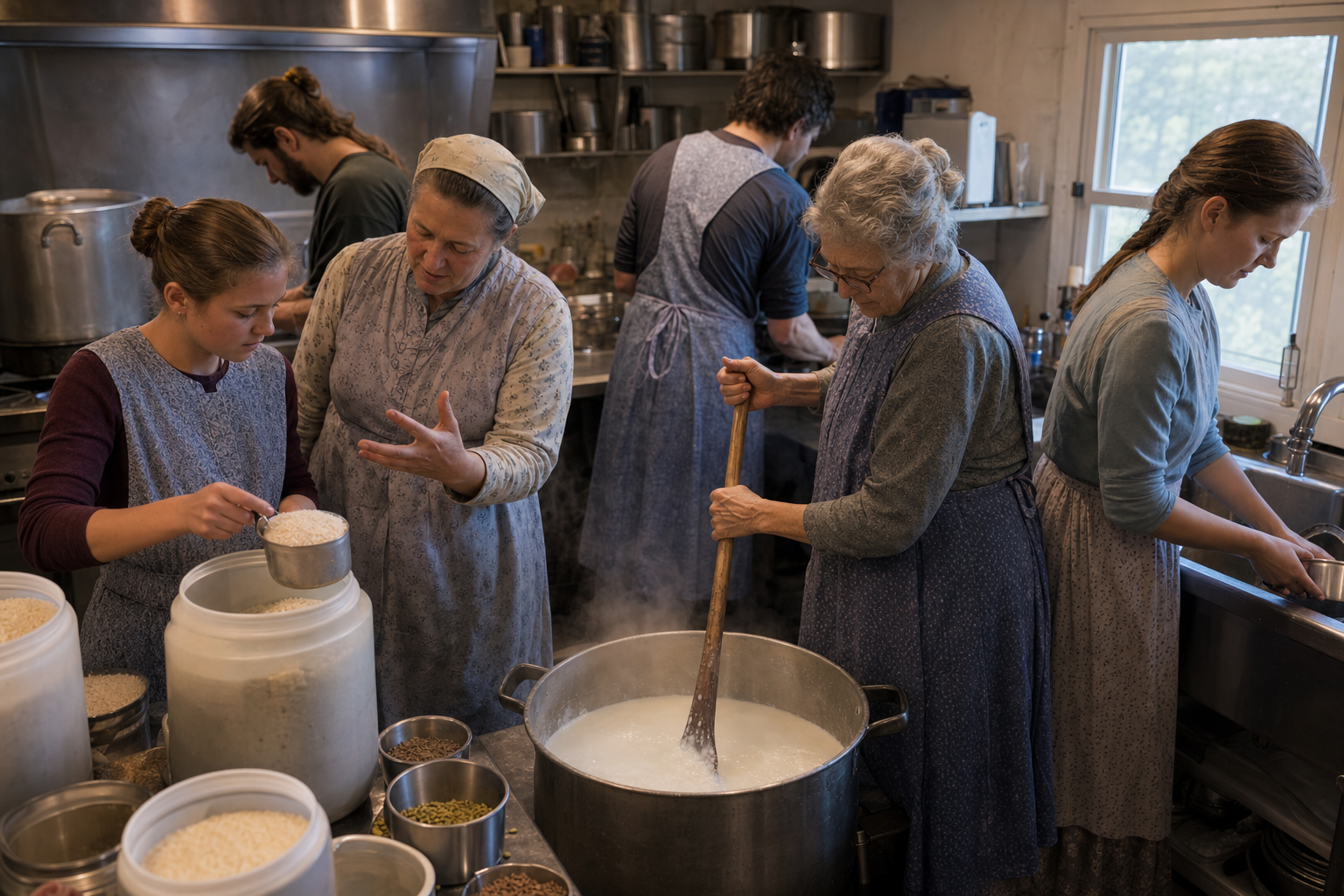 Devotees of different ages cook milk and rice together in a modest community kitchen while washing utensils and preparing ingredients.