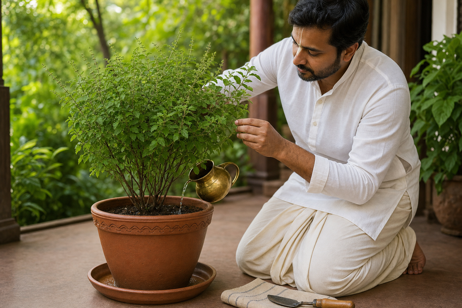 A devotee waters the soil of a healthy potted Tulasi plant and carefully examines its leaves on a shaded veranda.