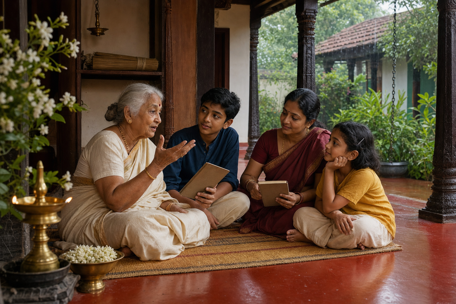 Four generations gather in a Karnataka courtyard as an older woman reads aloud, with a closed palm-leaf manuscript resting nearby.