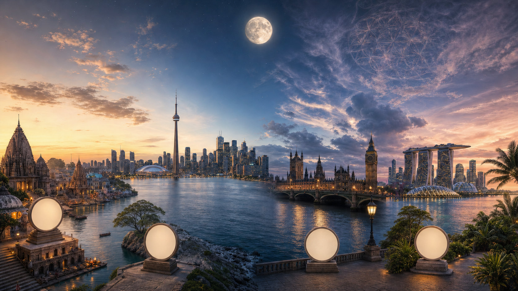 The same Moon appears above landscapes representing Bharat, Toronto, London, and Singapore under different local lighting conditions.