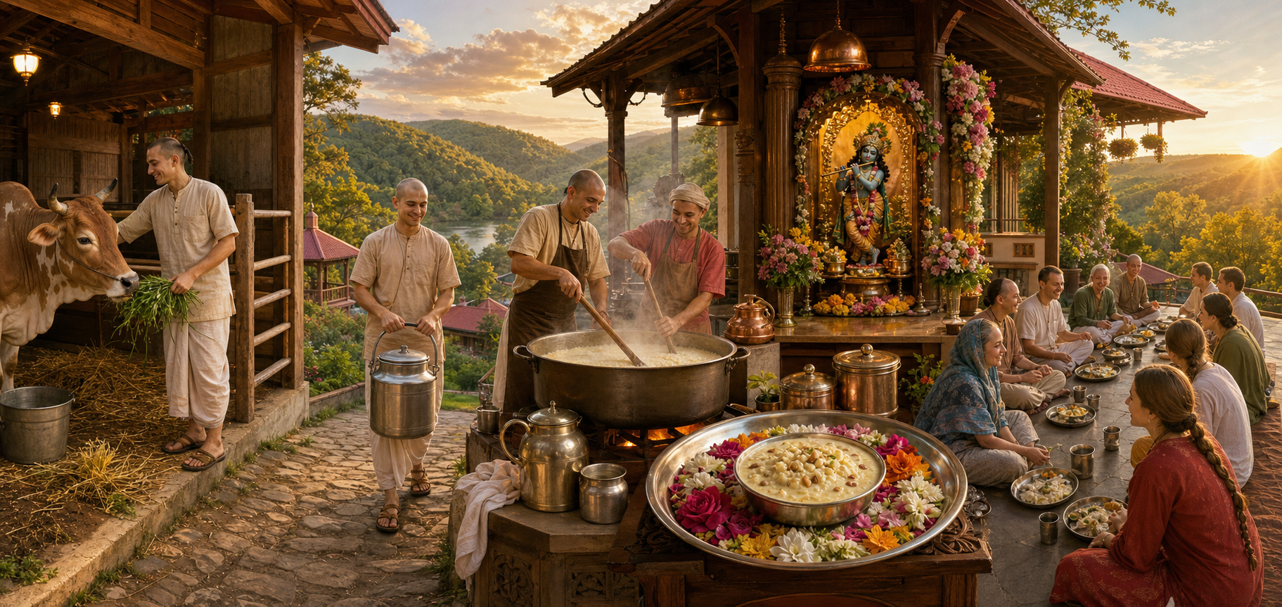 A continuous scene shows a cow being cared for, milk carried to a kitchen, food cooked and offered, and prasadam shared with a seated community.