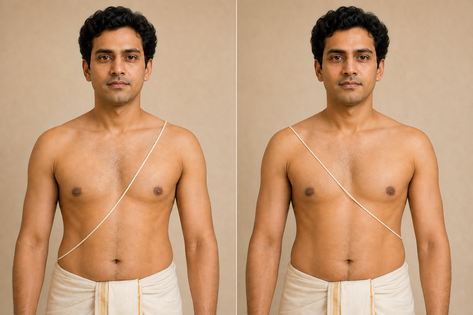 Two side-by-side views show the sacred thread over the left shoulder in upavita and over the right shoulder in pracinavita.