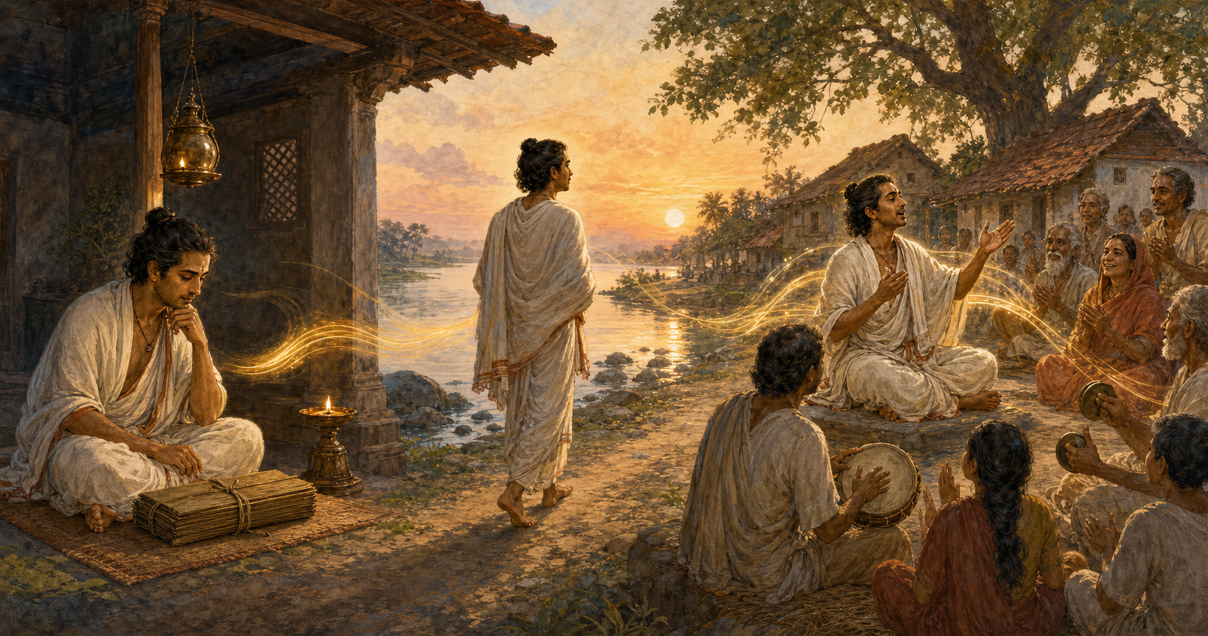 A three-part scene shows a devotee studying manuscripts, reflecting by a river, and leading a village gathering in song.