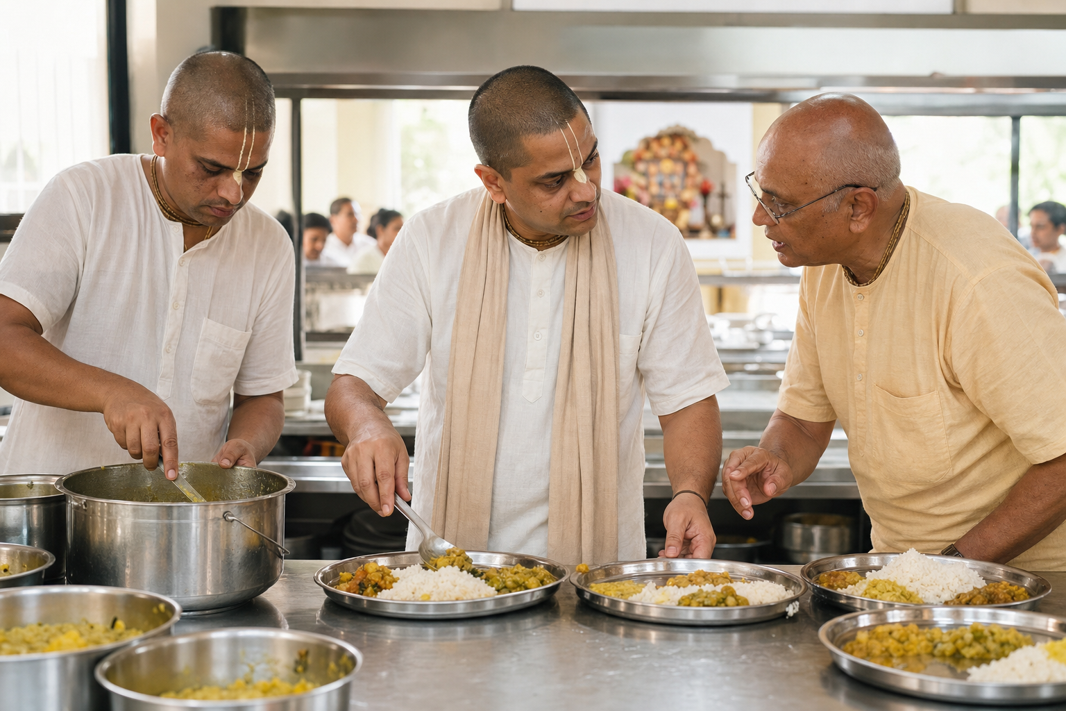 Three volunteers cooperate in a temple kitchen while portioning a vegetarian meal into metal plates for guests.