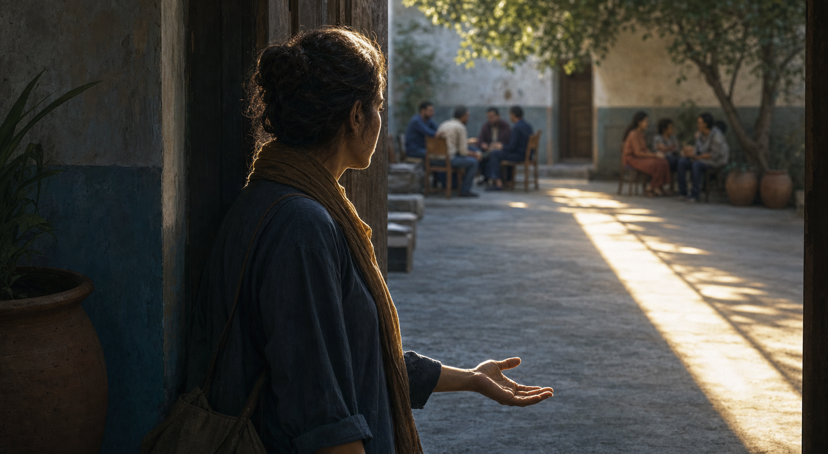 A person relaxes a clenched hand while pausing at the entrance to a courtyard where two groups sit apart.