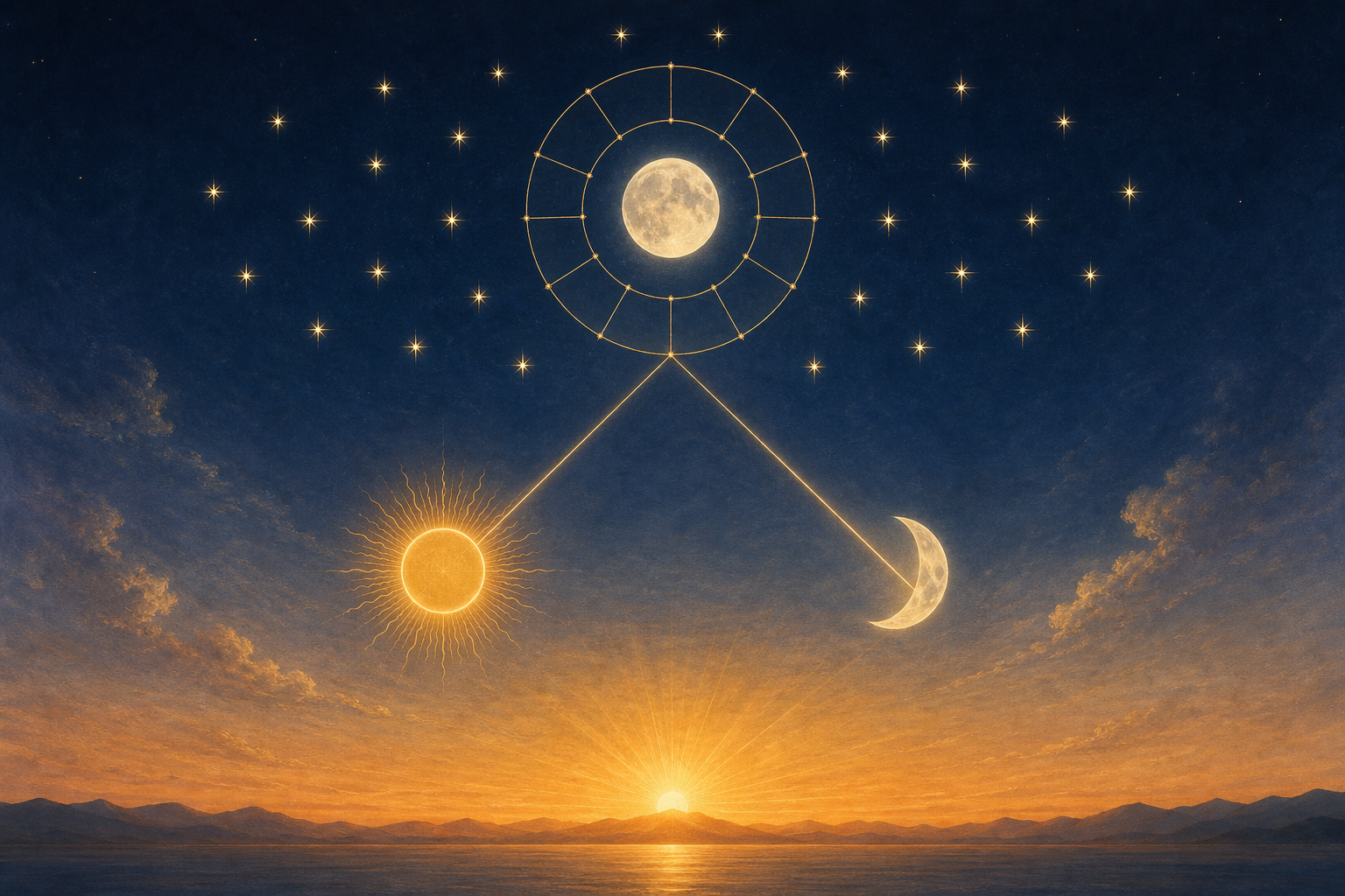 A sunrise horizon, the angular relationship of the Sun and Moon, a field of stars, and a twelve-part celestial ring symbolize three layers of lunar calendar information.
