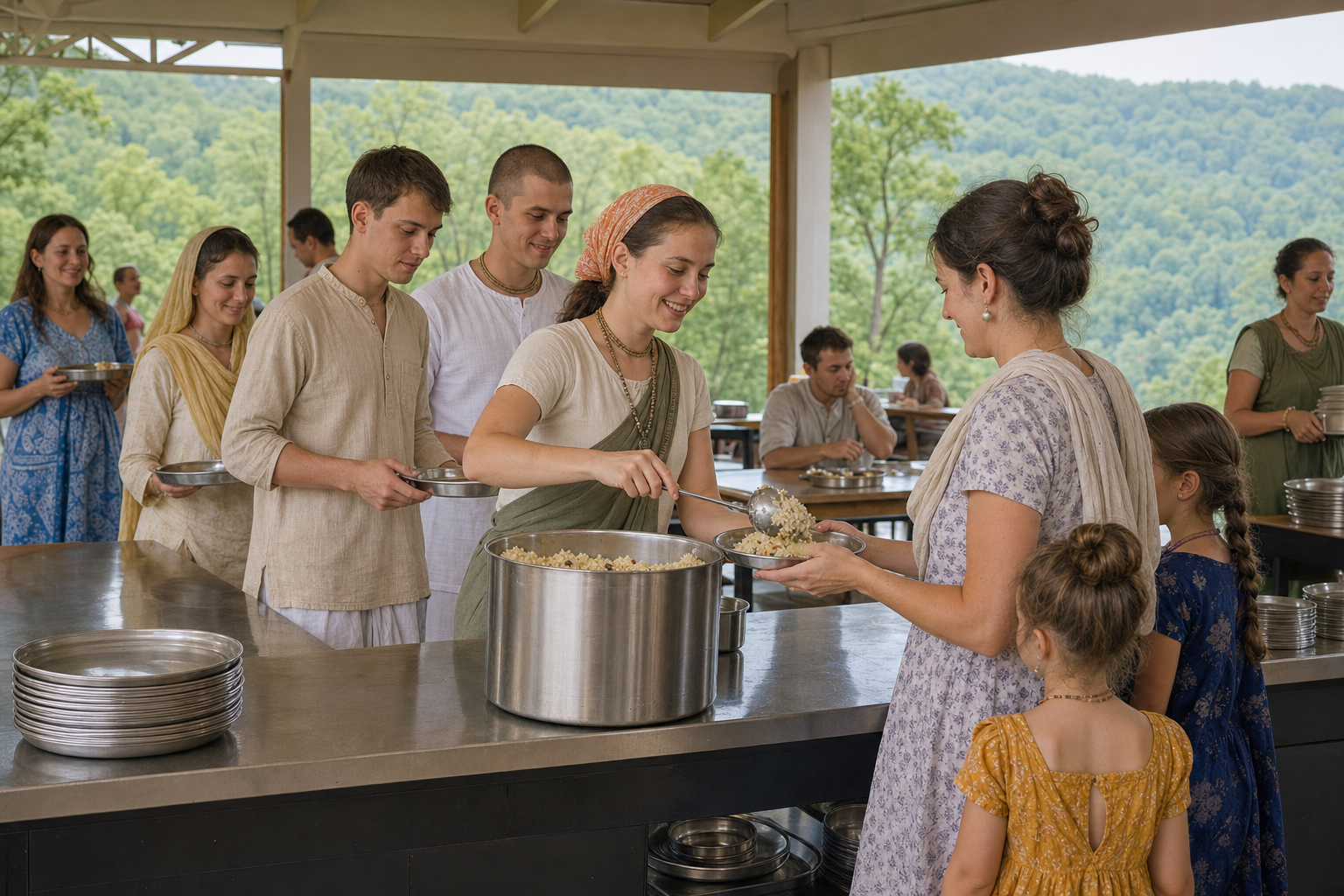 A volunteer serves sweet rice onto a visitor's metal plate while other guests wait and help with reusable dishes in a community dining hall.