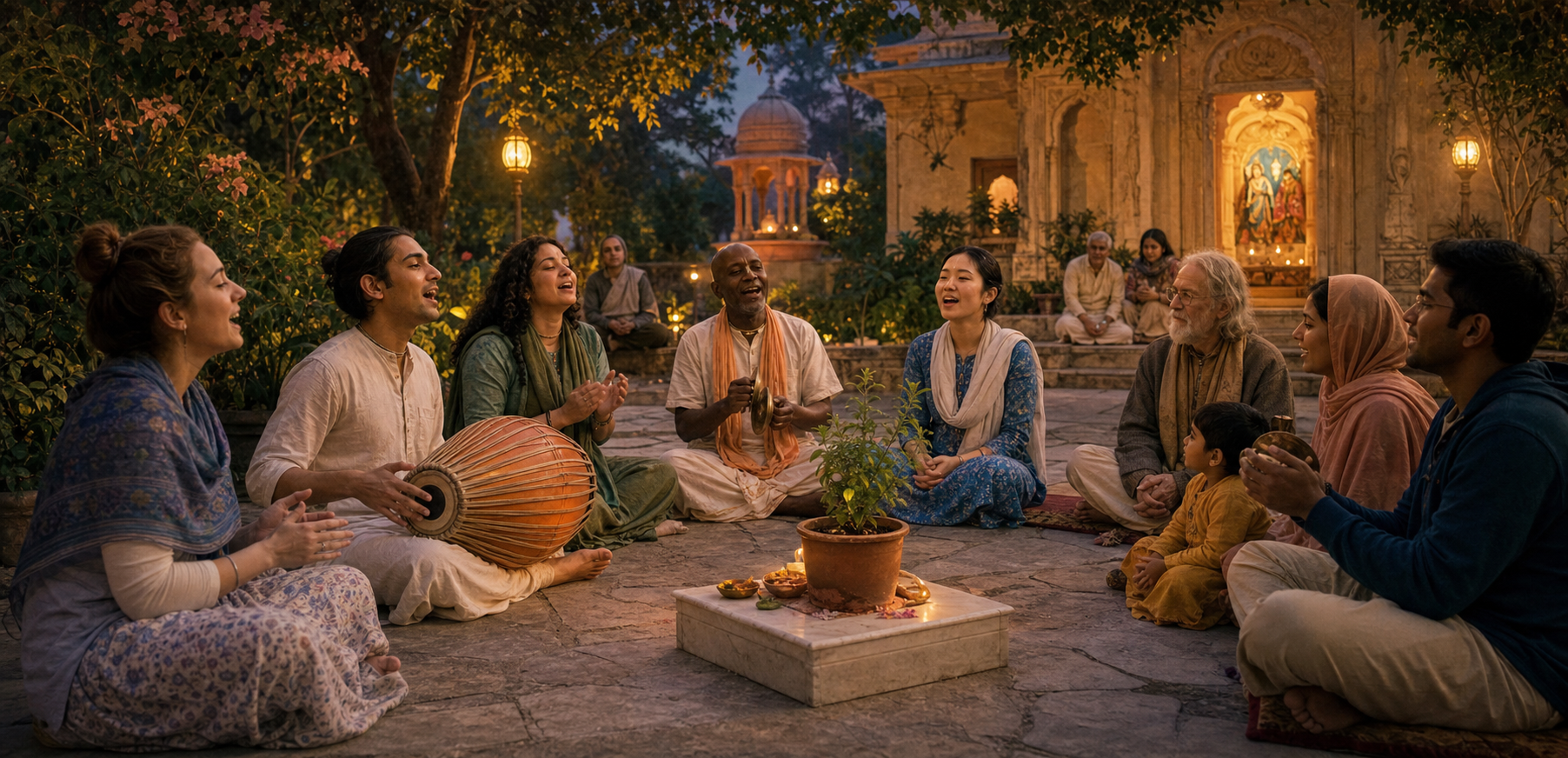 An intergenerational group sings and plays drum and hand cymbals in a temple courtyard while other visitors listen nearby.