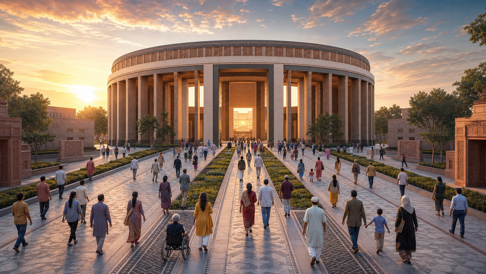 A diverse group of Indian citizens walks along equal pathways toward a modern circular civic hall with traditional stone design influences.