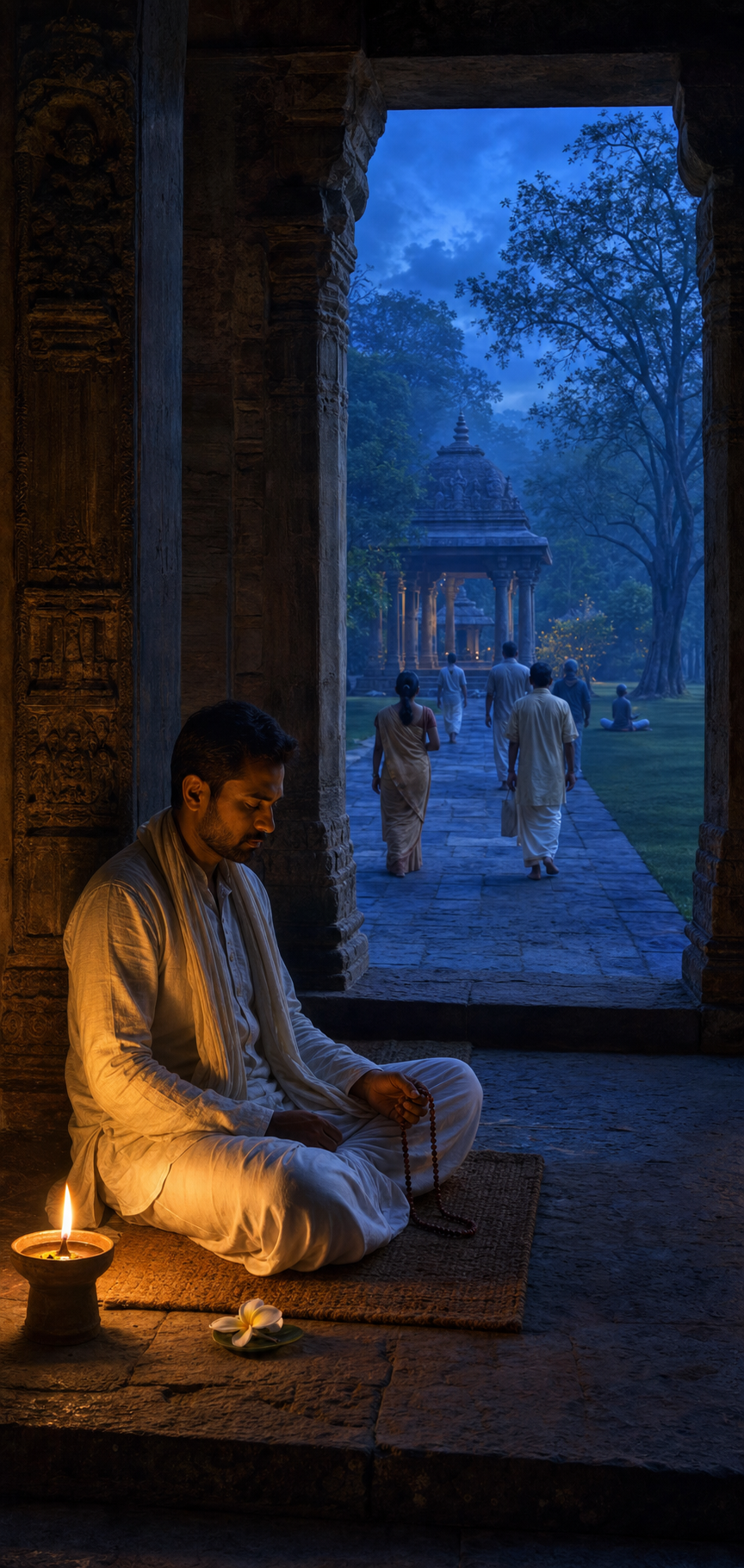 A practitioner uses prayer beads beside an oil lamp inside a stone shrine while other people walk toward separate sacred spaces outside.