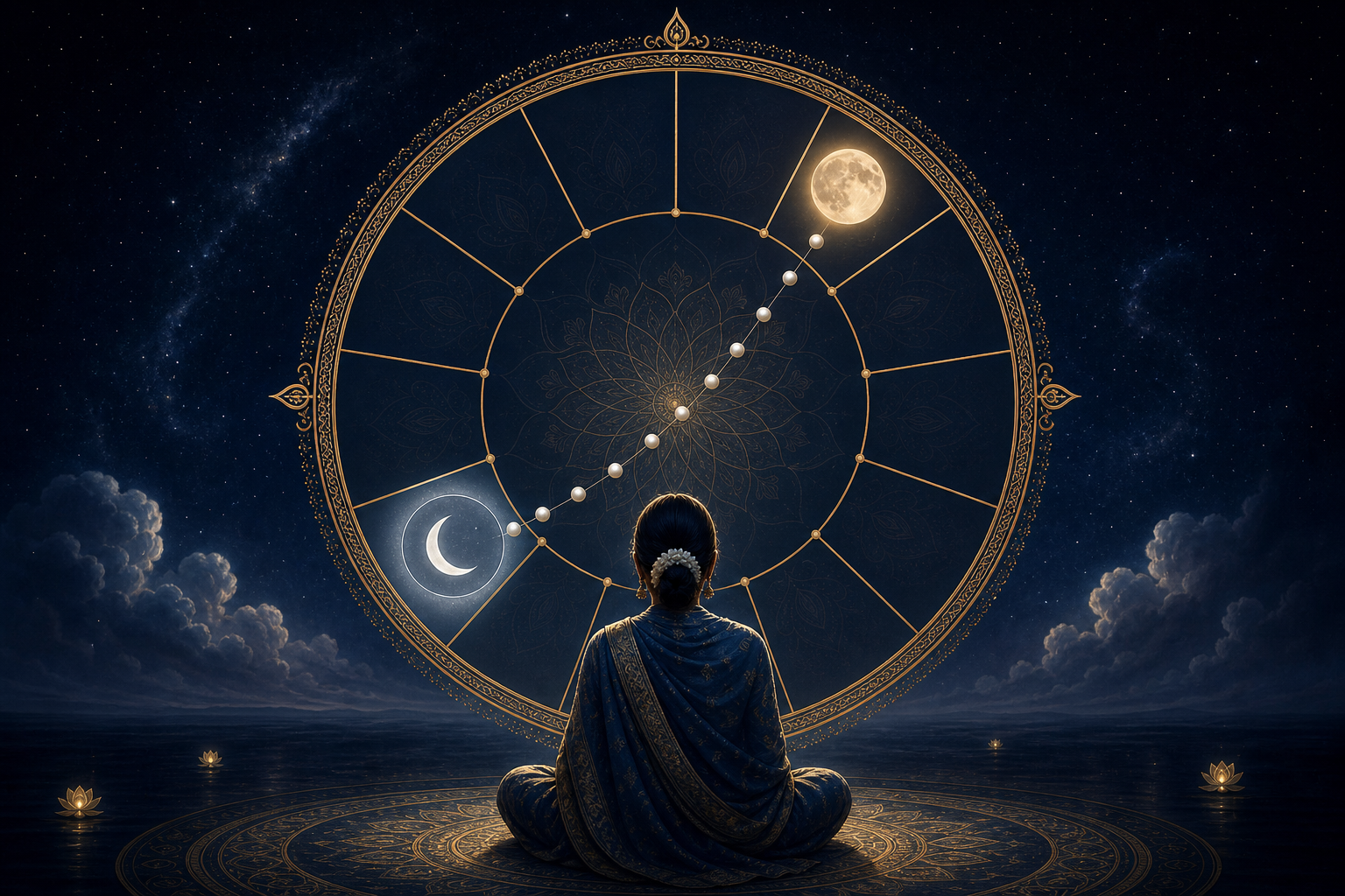 A person faces a twelve-part celestial mandala with a birth-Moon segment, eight counting markers, and a softly highlighted transiting Moon segment.