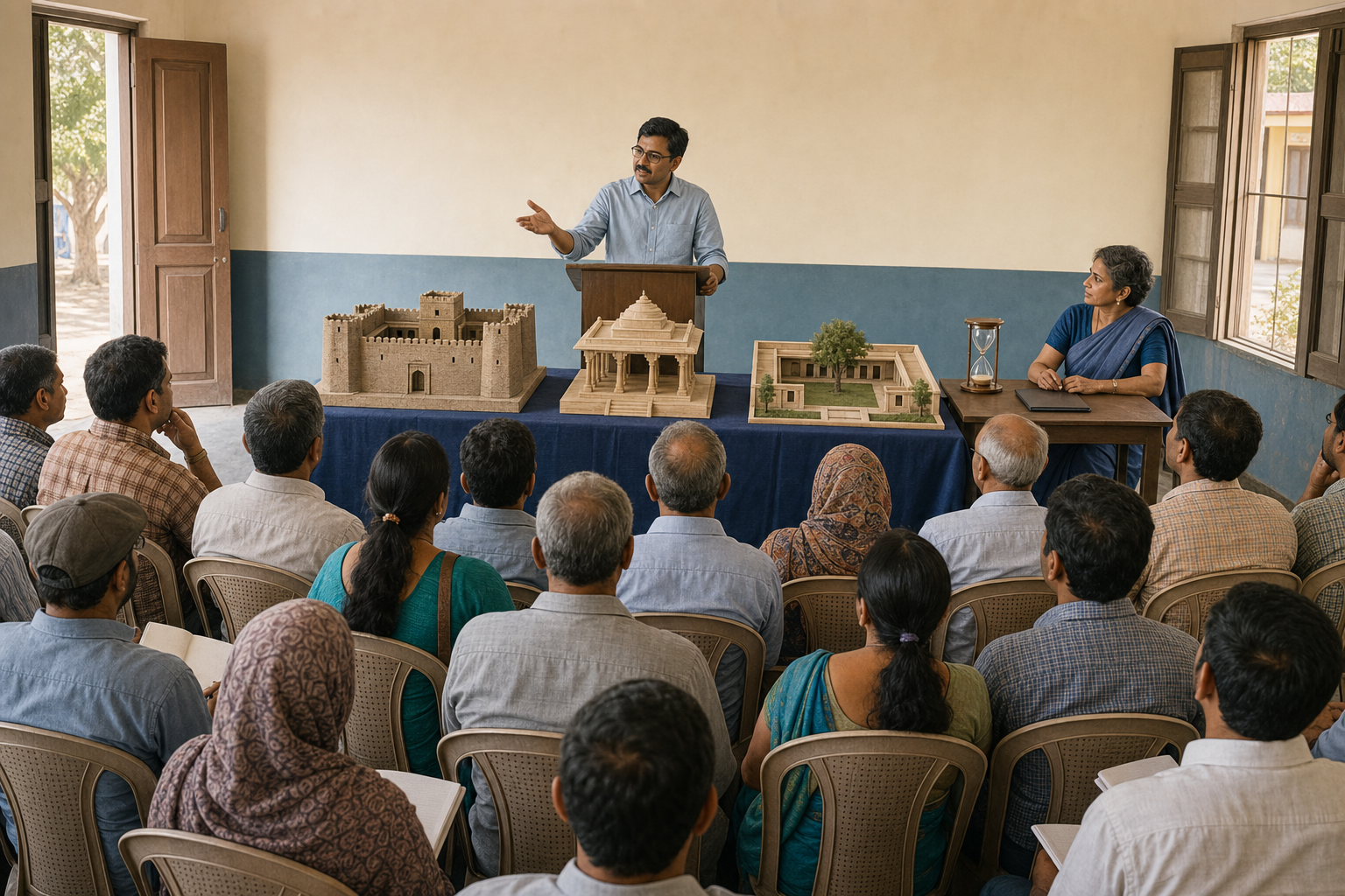 A speaker addresses a diverse town hall audience beside three contrasting unmarked architectural models while a moderator listens.