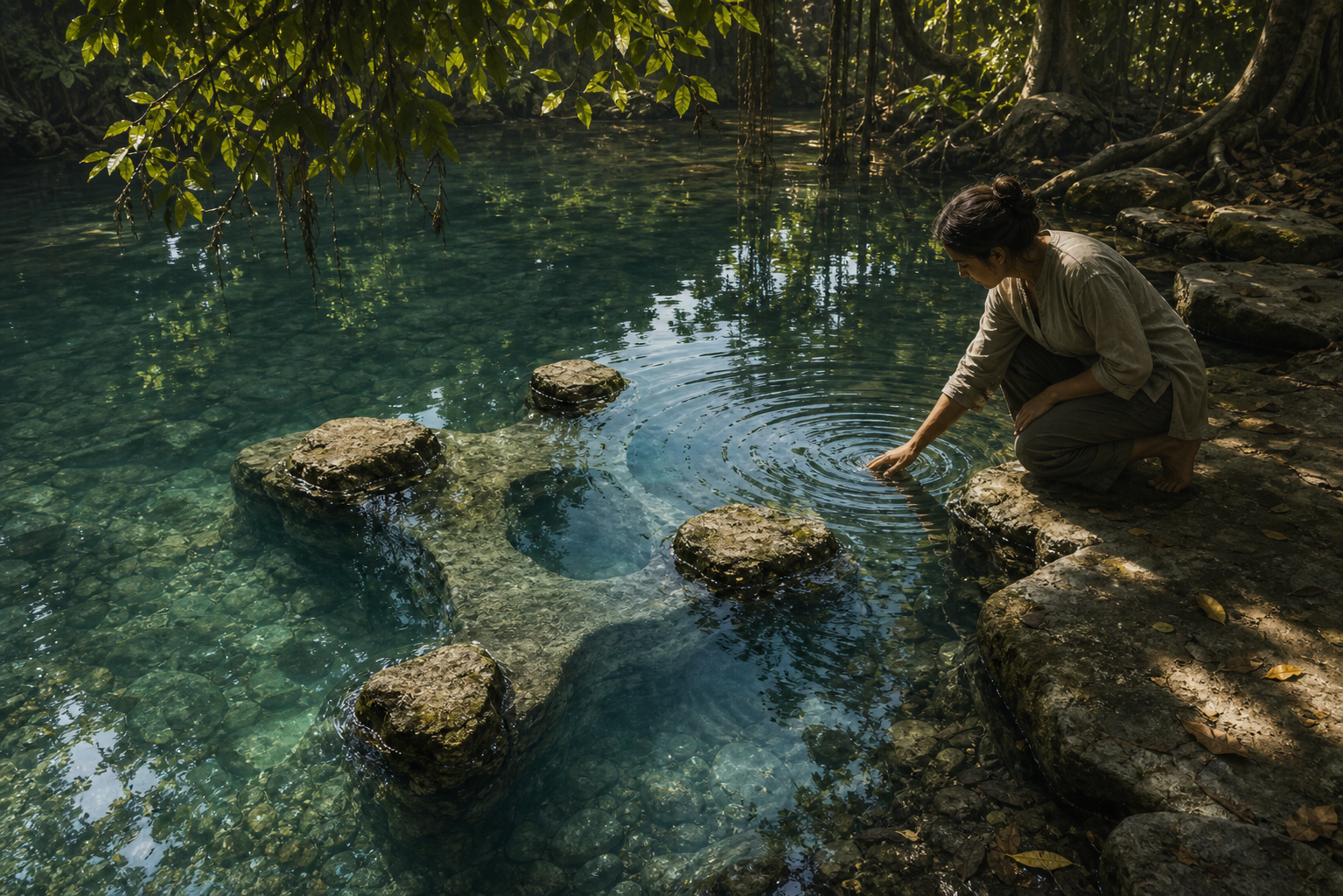 A kneeling person examines clear water where separate-looking stones are visibly connected beneath the surface.