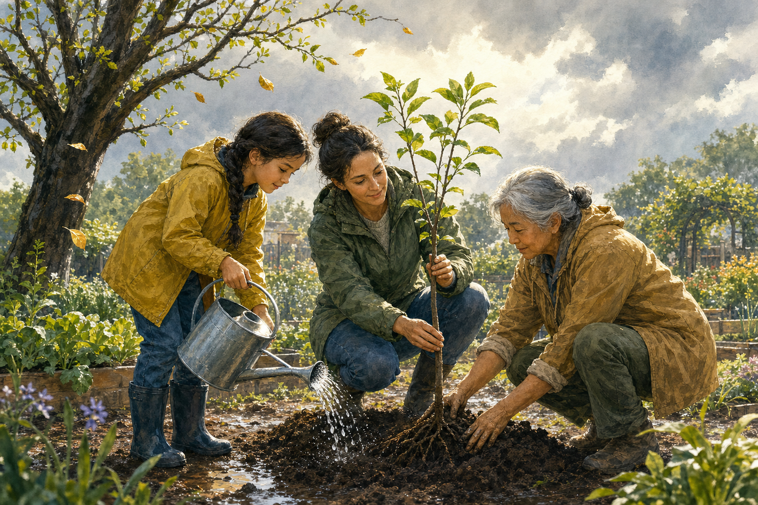 An older adult, another adult, and a young person work together to plant and water a small fruit tree in a community garden after rain.